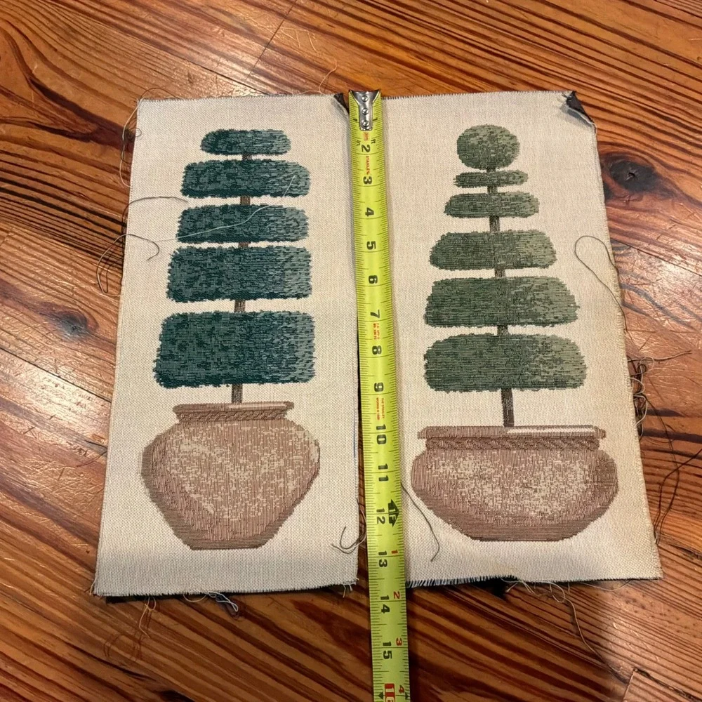 Pair Vintage Woven Topiary Tapestry Panels Cottagecore English Garden Country